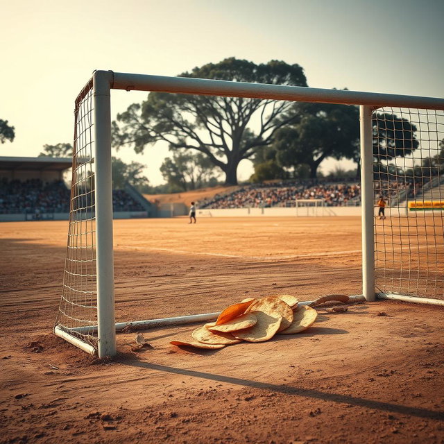 A dusty soccer field with a goalpost prominently displayed