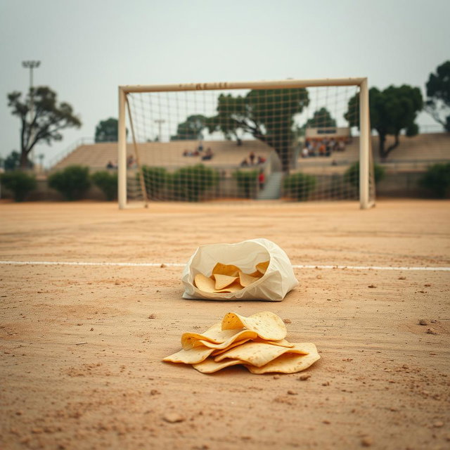 A dusty soccer field featuring a goalpost, with an emphasis on the ground covered in fine dust