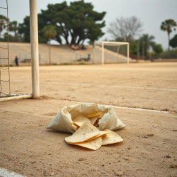 A dusty soccer field featuring a goalpost, with an emphasis on the ground covered in fine dust