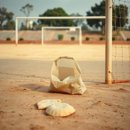 A dusty soccer field featuring a goalpost, with an emphasis on the ground covered in fine dust