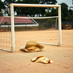 A dusty soccer field featuring a goalpost, with an emphasis on the ground covered in fine dust