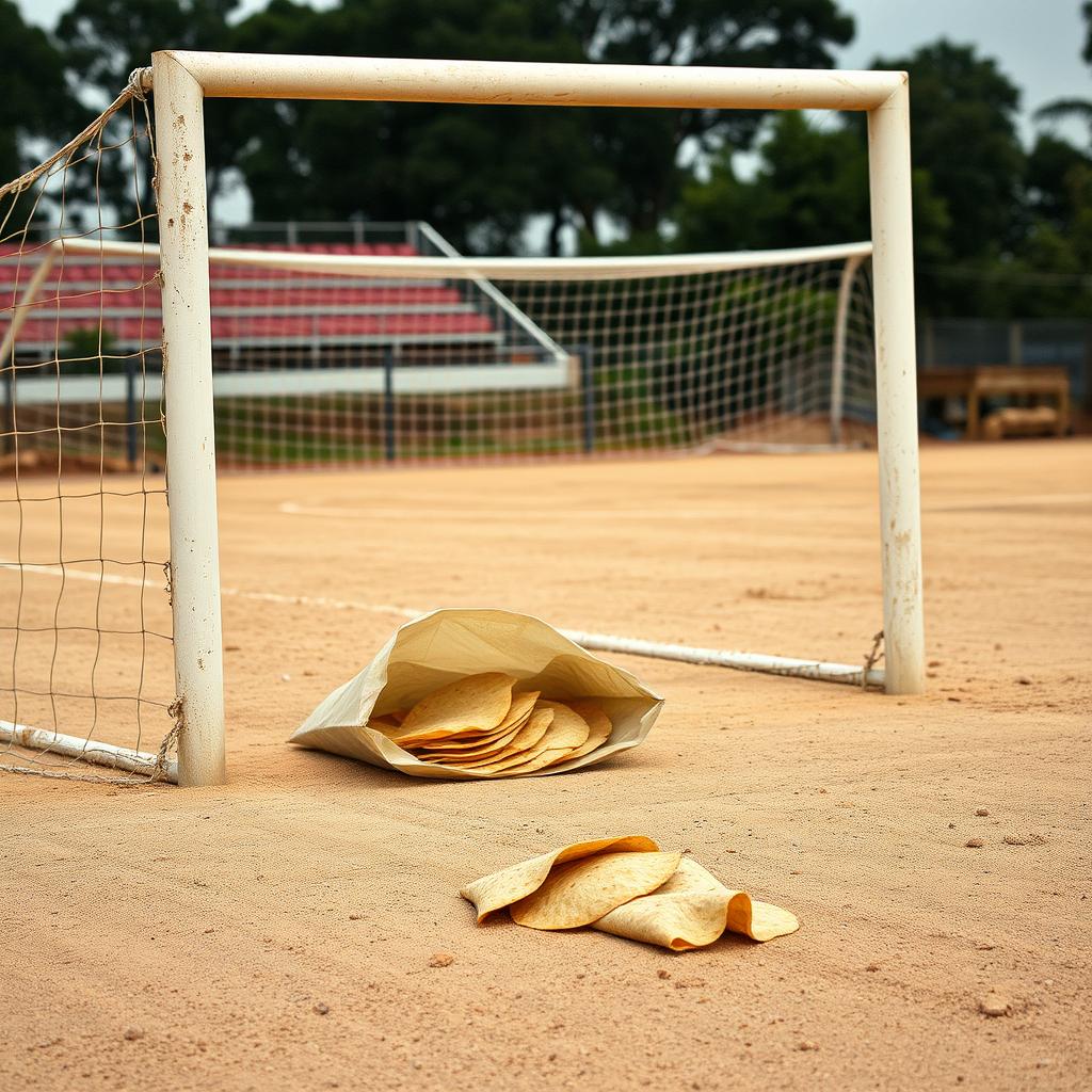 A dusty soccer field featuring a goalpost, with an emphasis on the ground covered in fine dust