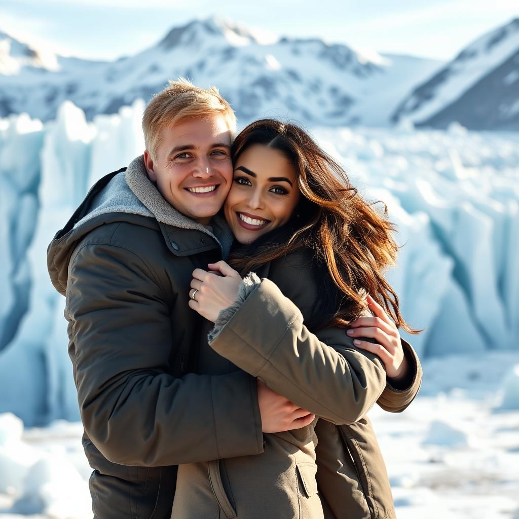 A warm and tender scene of a couple embracing on a beautiful glacier