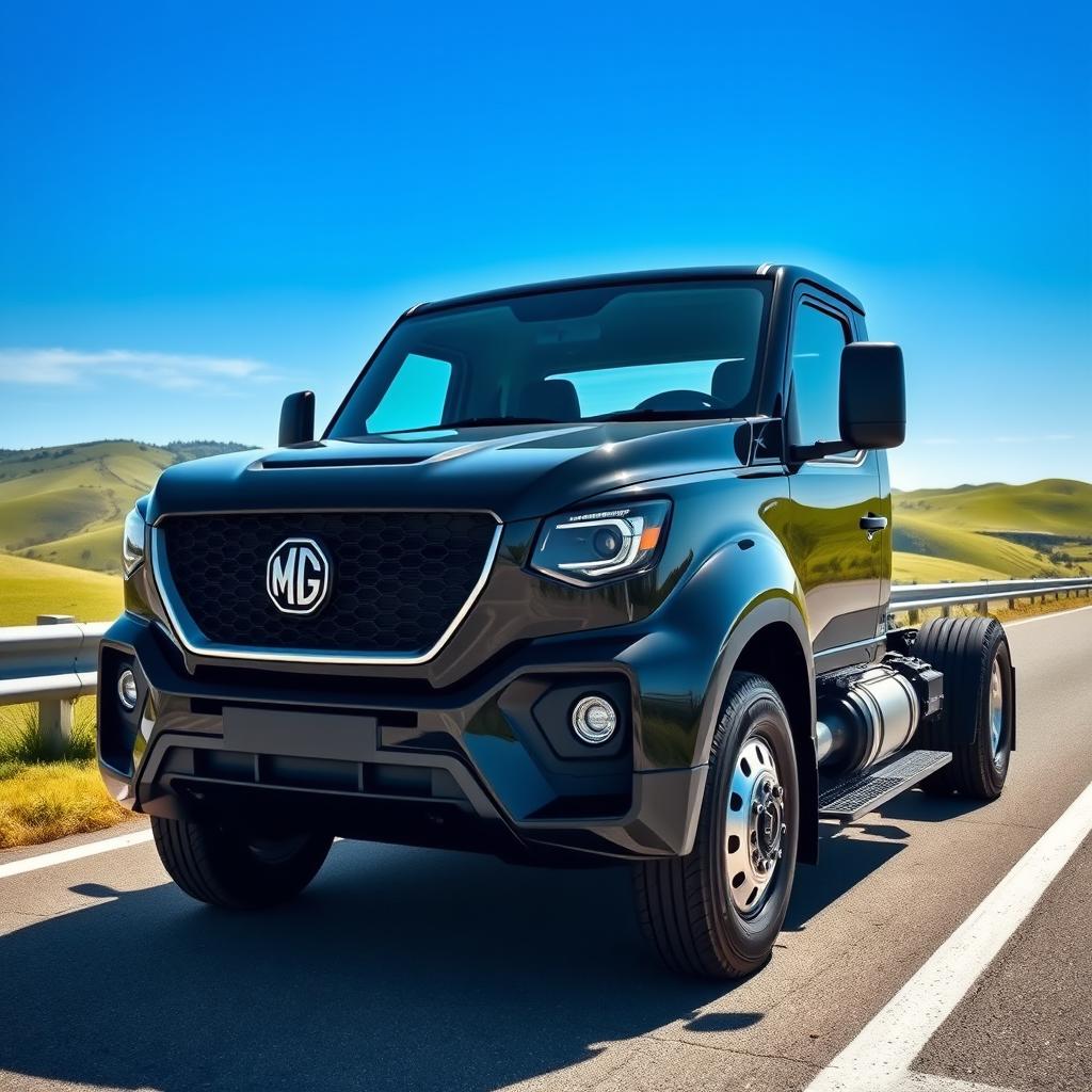 A sleek black 2024 MG truck, known for its modern design and shiny finish, parked on a scenic highway
