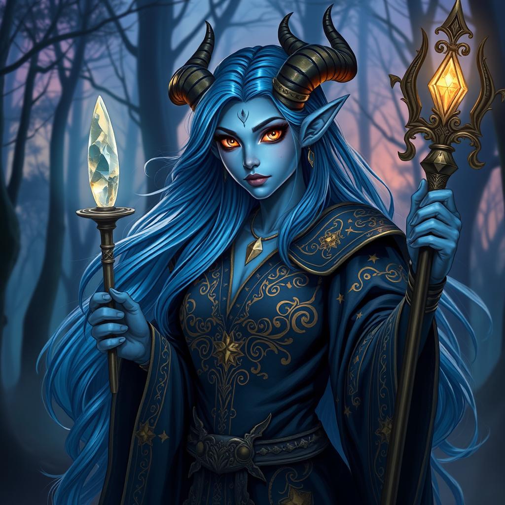 A striking blue female tiefling wizard, with long flowing hair that shimmers like the night sky, adorned in a beautifully embroidered dark robe featuring intricate golden patterns of stars and celestial motifs