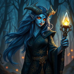A striking blue female tiefling wizard, with long flowing hair that shimmers like the night sky, adorned in a beautifully embroidered dark robe featuring intricate golden patterns of stars and celestial motifs