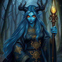 A striking blue female tiefling wizard, with long flowing hair that shimmers like the night sky, adorned in a beautifully embroidered dark robe featuring intricate golden patterns of stars and celestial motifs