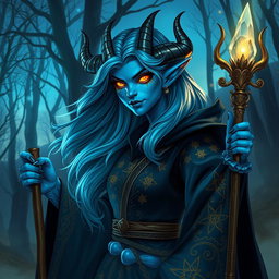 A striking blue female tiefling wizard, with long flowing hair that shimmers like the night sky, adorned in a beautifully embroidered dark robe featuring intricate golden patterns of stars and celestial motifs