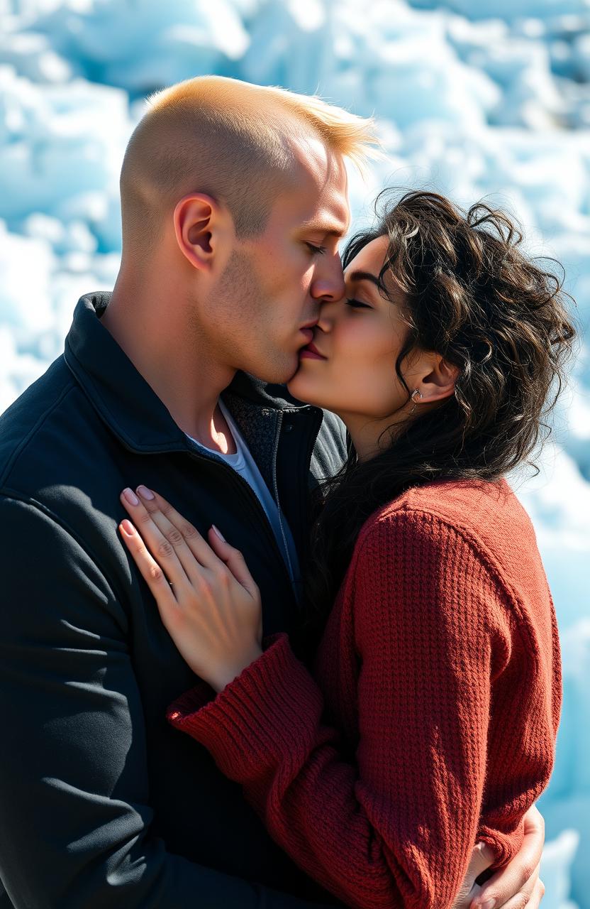 A romantic scene featuring a couple kissing on a stunning glacier backdrop