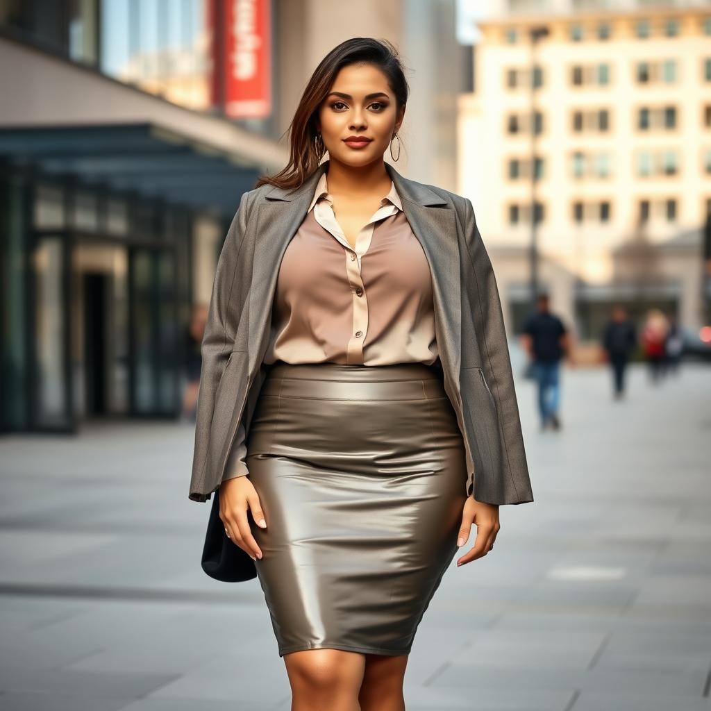 A very short, petite plus-size woman confidently wearing a stylish outfit consisting of a sleek jacket, a fashionable blouse, and a classic pencil skirt