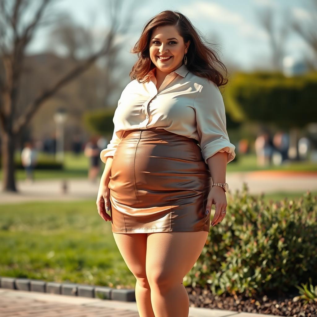 A full body portrait of a dwarf woman measuring 90 centimeters in height, with an obese physique showcasing extremely wide hips and very thick thighs
