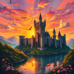 A majestic medieval castle standing tall against a breathtaking sunset, captured in a vibrant oil painting style suitable for a fantasy novel cover