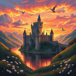 A majestic medieval castle standing tall against a breathtaking sunset, captured in a vibrant oil painting style suitable for a fantasy novel cover