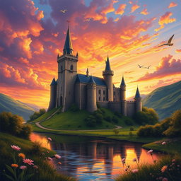 A majestic medieval castle standing tall against a breathtaking sunset, captured in a vibrant oil painting style suitable for a fantasy novel cover