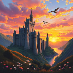 A majestic medieval castle standing tall against a breathtaking sunset, captured in a vibrant oil painting style suitable for a fantasy novel cover