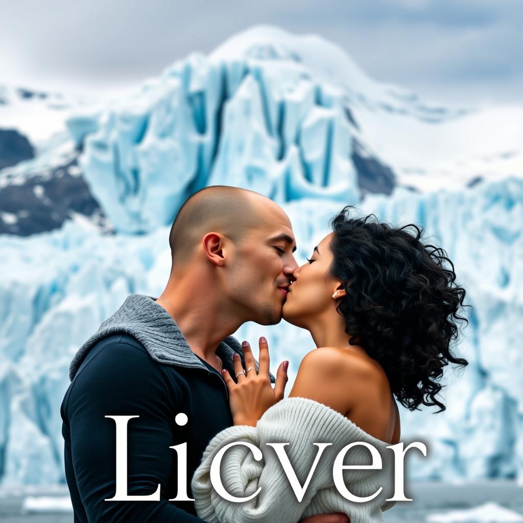 A book cover featuring a passionate kiss between a couple in front of a gigantic glacier