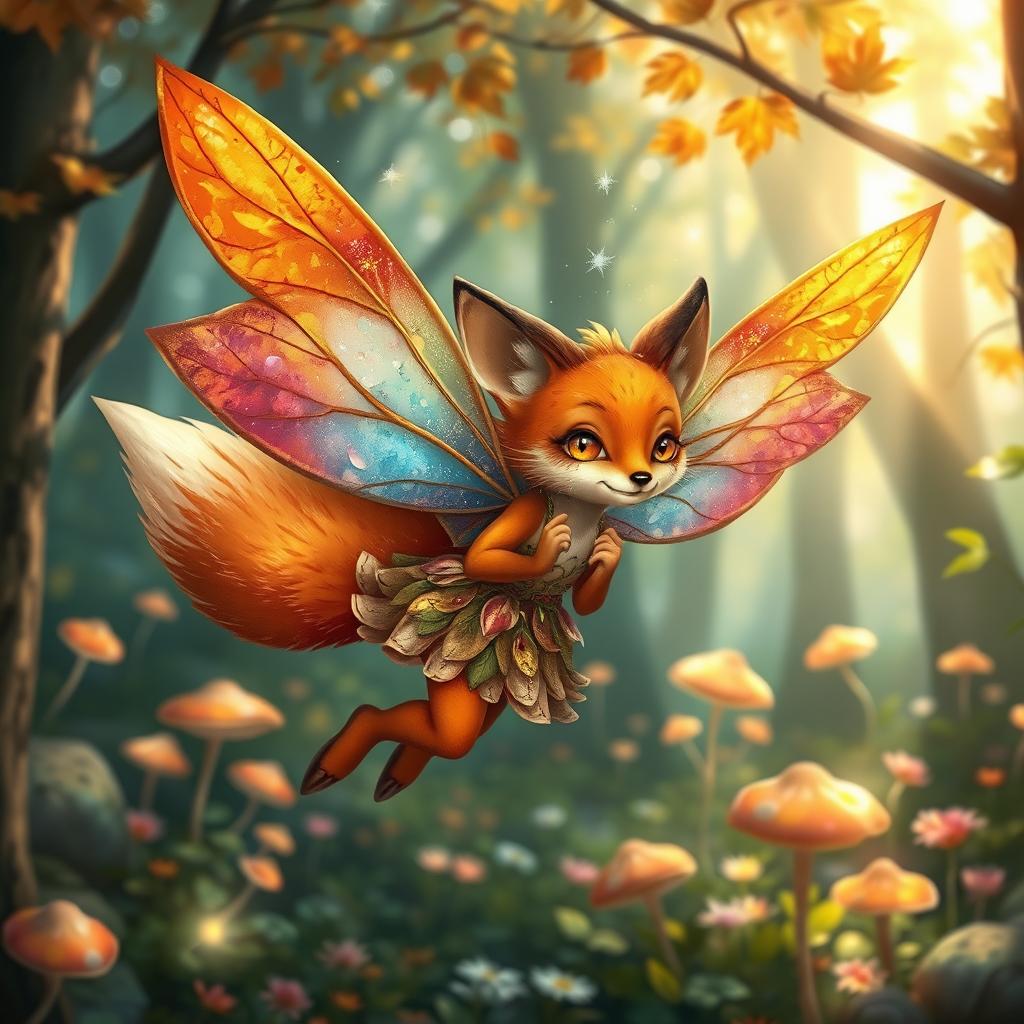 A whimsical fox fairy fluttering through a magical forest, adorned with iridescent wings resembling colorful autumn leaves