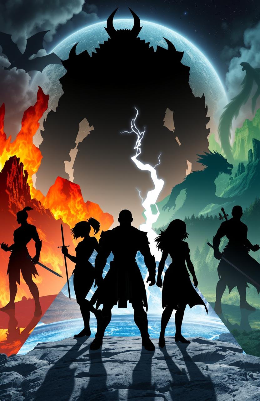 Silhouettes of heroes in dynamic poses, ready for battle, shrouded in mystery