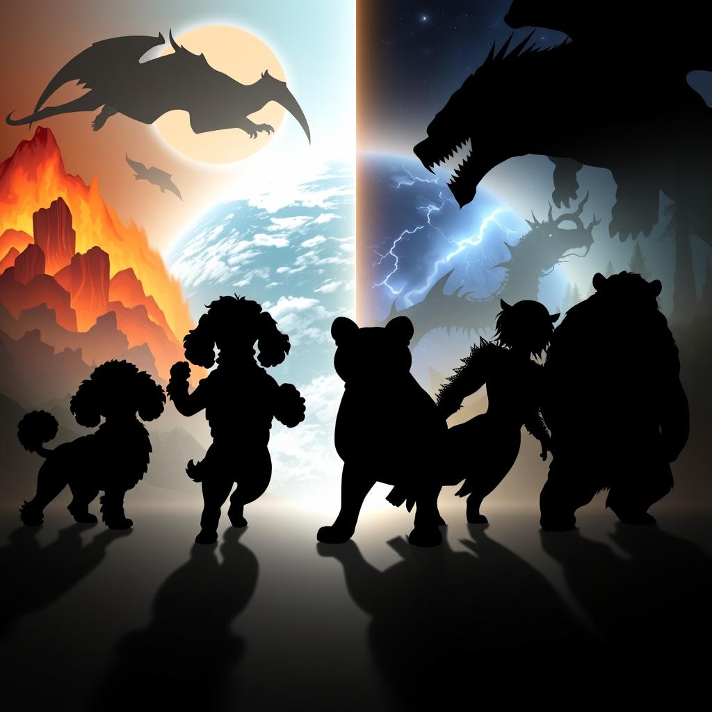 Silhouettes of four heroic dogs—two poodles and two mixed-breed dogs—along with one dog and a bear, all in dynamic poses, ready for battle