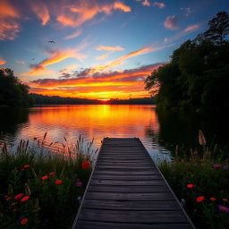 A picturesque sunset over a serene lake, surrounded by lush green trees and colorful wildflowers in the foreground