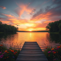 A picturesque sunset over a serene lake, surrounded by lush green trees and colorful wildflowers in the foreground