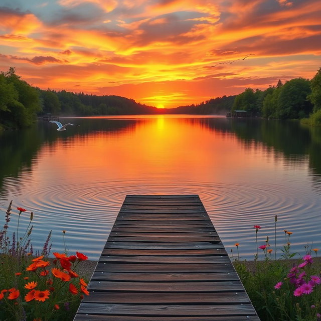 A picturesque sunset over a serene lake, surrounded by lush green trees and colorful wildflowers in the foreground