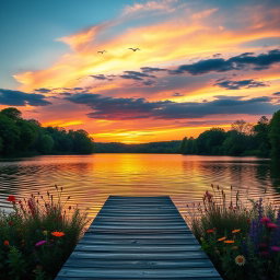 A picturesque sunset over a serene lake, surrounded by lush green trees and colorful wildflowers in the foreground