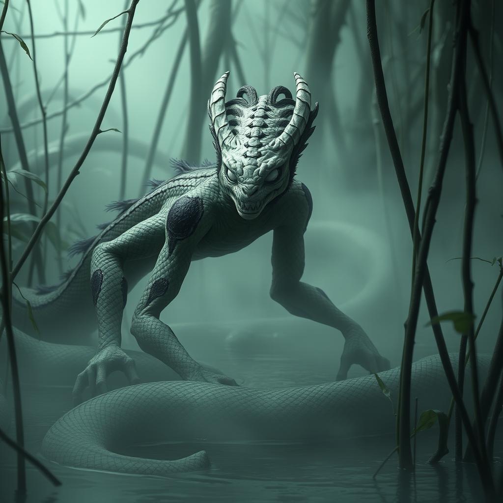 A Yuan-ti creature with distinctive snake skin, featuring white eyes and Asian features
