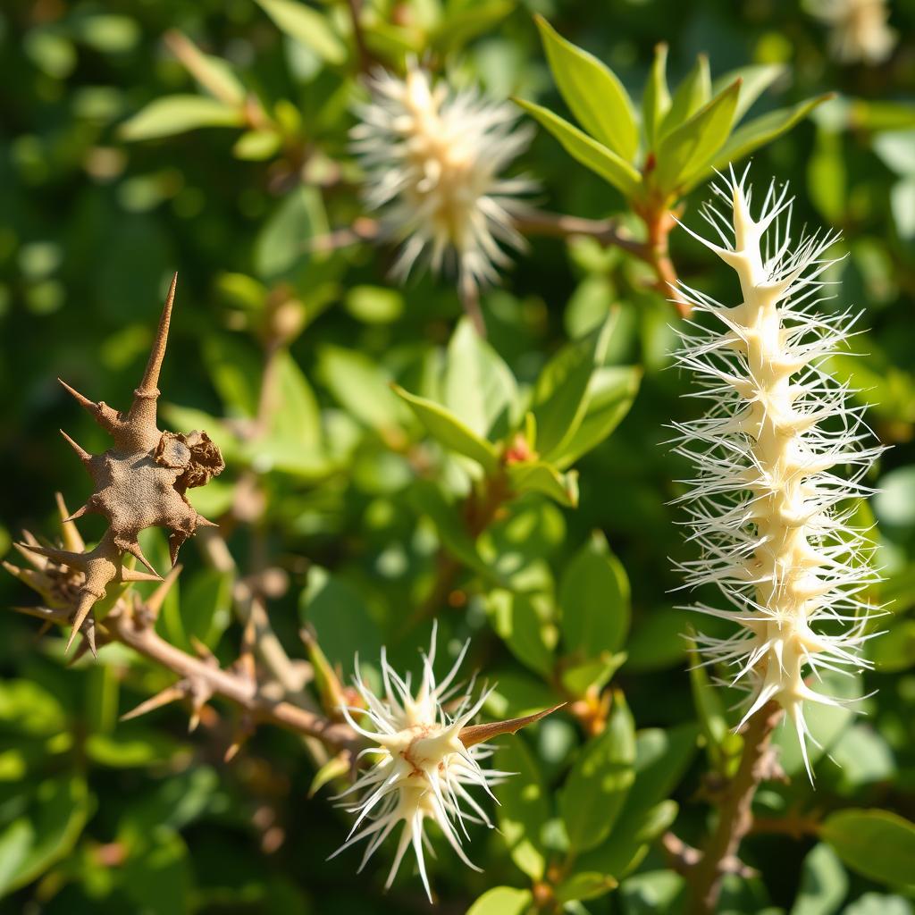 An artistic representation of a botanical scene showing a bush with white thorns
