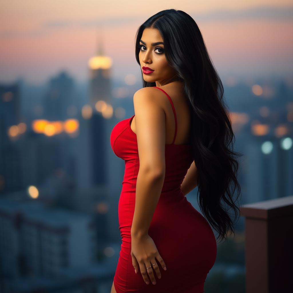 A stunning, voluptuous woman with an hourglass figure, highlighted by her curvy silhouette