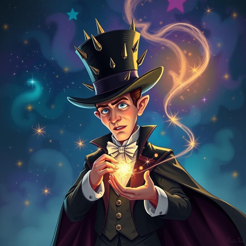 A whimsical scene featuring a tall, elegant magician wearing a striking black top hat embellished with sharp, metallic spikes