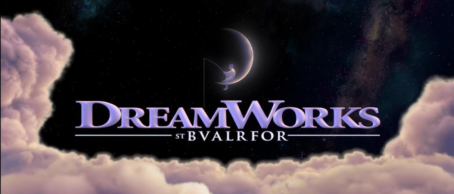 A whimsical night sky featuring a crescent moon, sparkling stars, and floating fluffy clouds, with the word 'DREAMWORKS' in bold, playful font prominently displayed