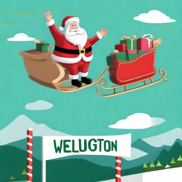 Santa Claus with his sleigh flying over a sign that reads 'Wellington', styled like the Hollywood sign, with a giant Santa hat on top.