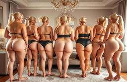 A captivating scene featuring seven sexy blonde girls with impeccable faces and curvaceous, pale bodies, flaunting very generous busts and remarkably large posteriors