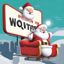 Santa Claus with his sleigh flying over a sign that reads 'Wellington', styled like the Hollywood sign, with a giant Santa hat on top.