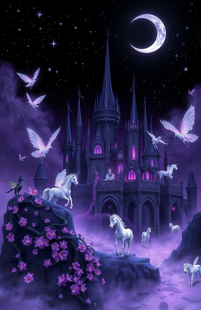 A fantasy landscape depicting the vampire kingdom of Asher, surrounded by a variety of magical creatures such as enchanted fairies, majestic unicorns, and ethereal spirits