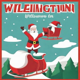 Santa Claus with his sleigh flying over a sign that reads 'Wellington', styled like the Hollywood sign, with a giant Santa hat on top.