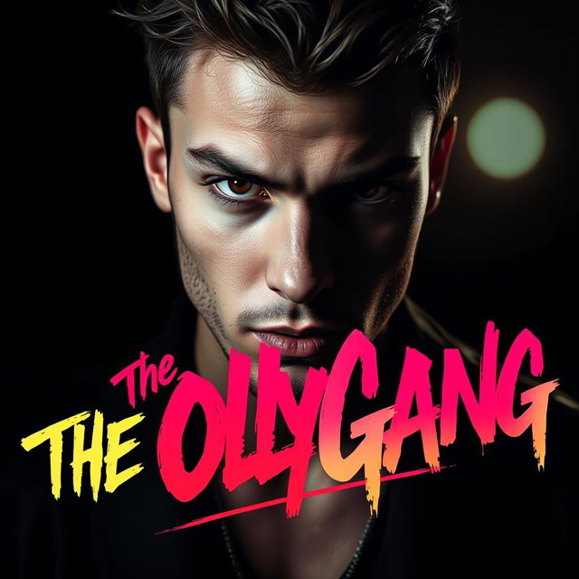 An edgy, close-up portrait of a male singer inspired by Olly Alexander, with sharp features and an intense expression, looking directly at the viewer