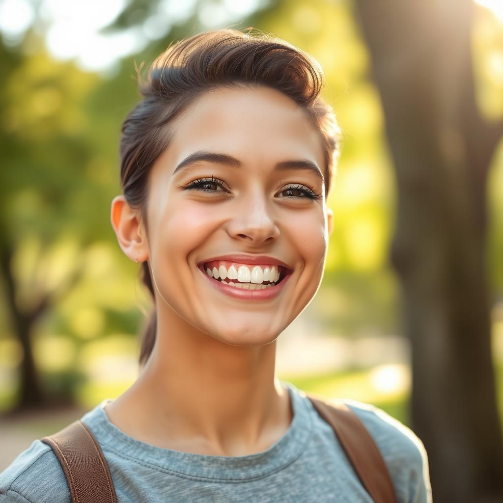 A confident person with a radiant and captivating smile that lights up their face, showcasing perfect white teeth and healthy gums