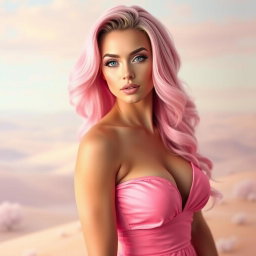 A beautiful, statuesque woman with cotton-candy pink hair, wearing a low-cut pink dress that accentuates her voluptuous figure