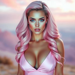 A beautiful, statuesque woman with cotton-candy pink hair, wearing a low-cut pink dress that accentuates her voluptuous figure