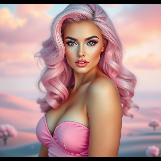 A beautiful, statuesque woman with cotton-candy pink hair, wearing a low-cut pink dress that accentuates her voluptuous figure