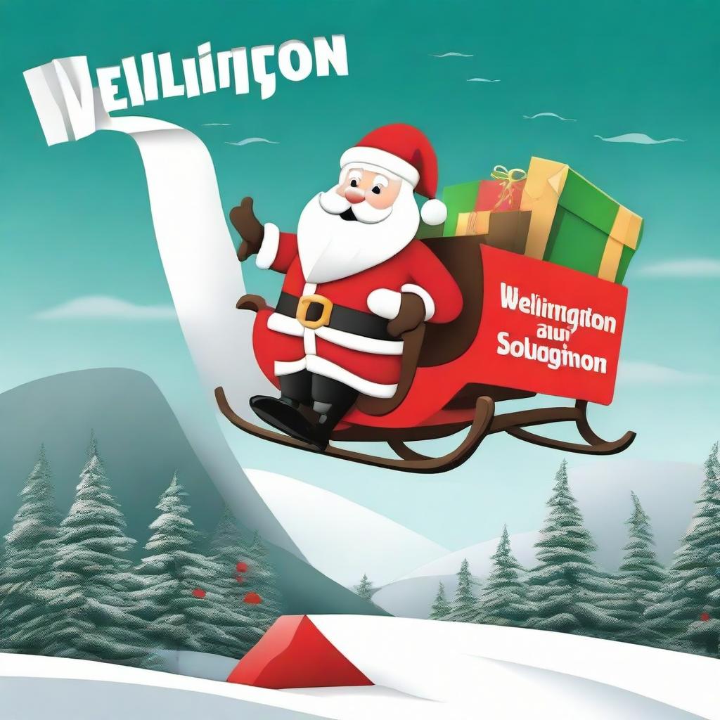 Santa Claus with his sleigh flying over a sign that reads 'Wellington', styled like the Hollywood sign, with a giant Santa hat on top.