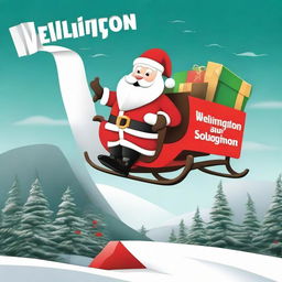 Santa Claus with his sleigh flying over a sign that reads 'Wellington', styled like the Hollywood sign, with a giant Santa hat on top.