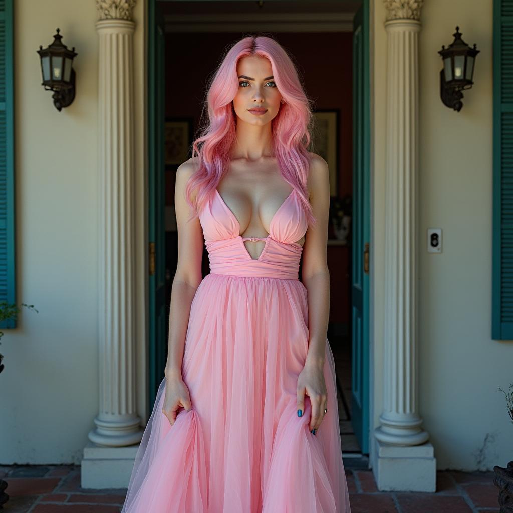 A full-length image of a beautiful, statuesque woman with cotton-candy pink hair standing gracefully in the doorway of an old Savannah mansion