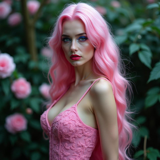 A full-length image of a beautiful, statuesque woman with cotton-candy pink hair, standing in the enchanting Garden of Good and Evil