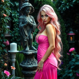 A full-length image of a beautiful, statuesque woman with cotton-candy pink hair, standing gracefully behind a statue in the enchanting garden of good and evil