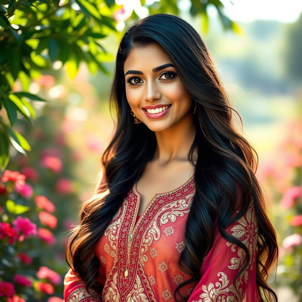 A stunning, radiant woman named Nuha, with long, flowing dark hair and captivating brown eyes, wearing a beautifully intricate traditional outfit that blends modern elegance with cultural heritage