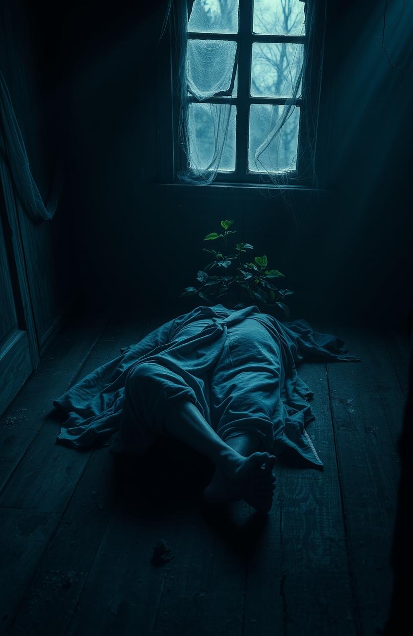 A hauntingly beautiful and atmospheric scene of a lifeless body lying in a dimly lit, eerie environment, surrounded by shadows and faint light filtering through a broken window