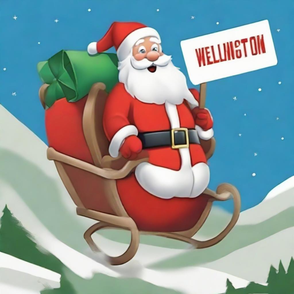 Santa Claus in his sleigh flying over a sign that distinctly reads 'Wellington', modeled after the Hollywood sign, with a large Santa hat on its top.